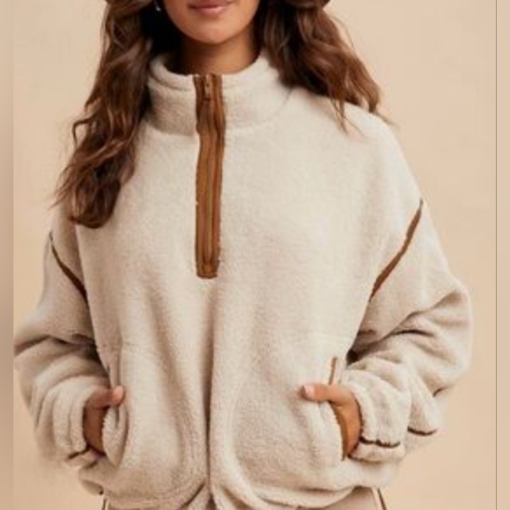 Cozy Cream/Brown Quarter Zip Pullover
